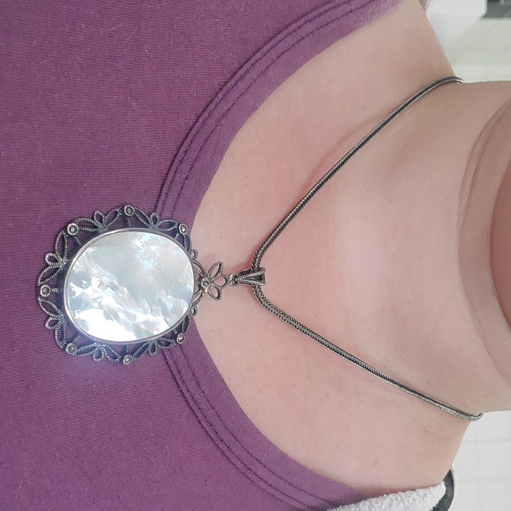 Sterling Silver Mother of Pearl and Marcasite Necklace - Picture 2 of 7